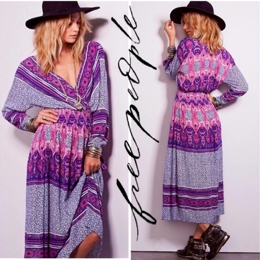 Free People She’s A Lady Reversible Maxi Dress Purple Boho Print Size Small Midi